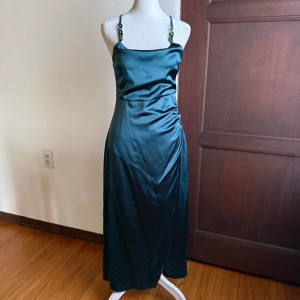 ZARA Emerald Green Satin Cowl Neck Midi Dress with Chain Detail  Small